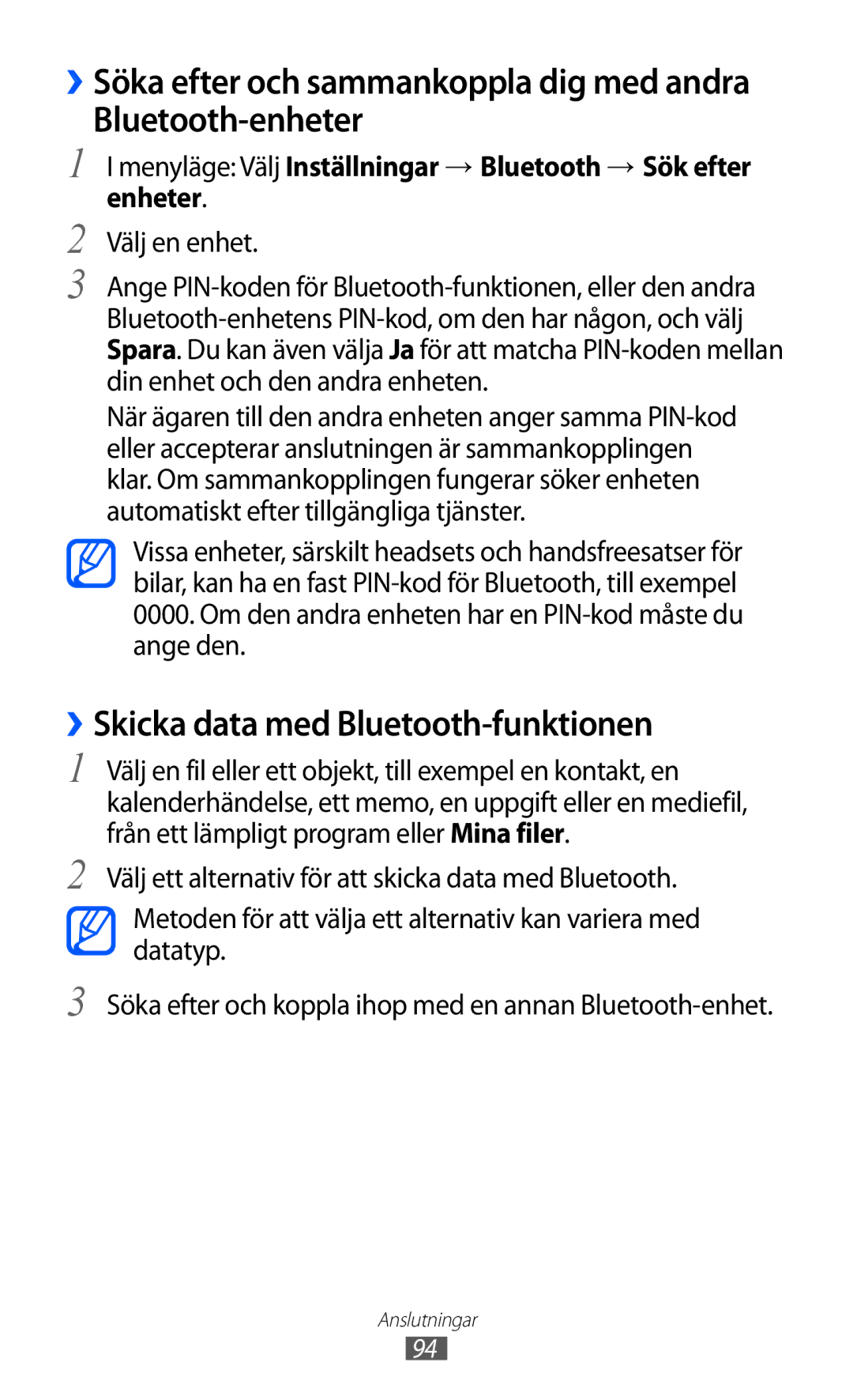 Samsung GT-S8600HKANEE manual Bluetooth-enheter, ››Skicka data med Bluetooth-funktionen, Välj en enhet 