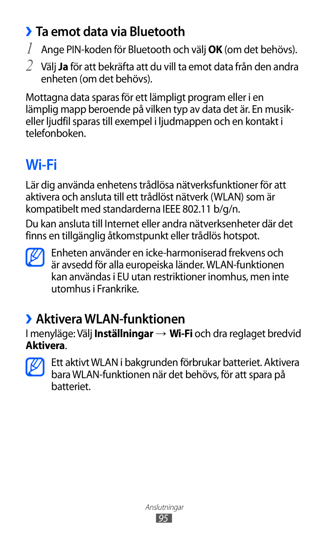 Samsung GT-S8600HKANEE manual Wi-Fi, ››Ta emot data via Bluetooth, ››Aktivera WLAN-funktionen 