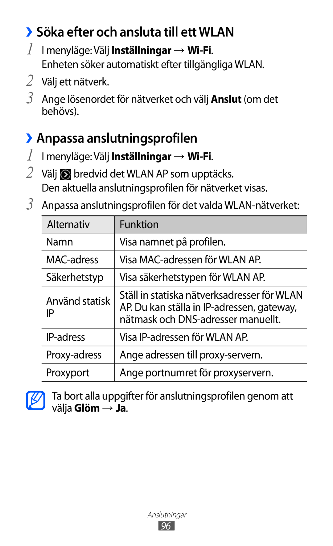 Samsung GT-S8600HKANEE manual ››Söka efter och ansluta till ett Wlan, ››Anpassa anslutningsprofilen 