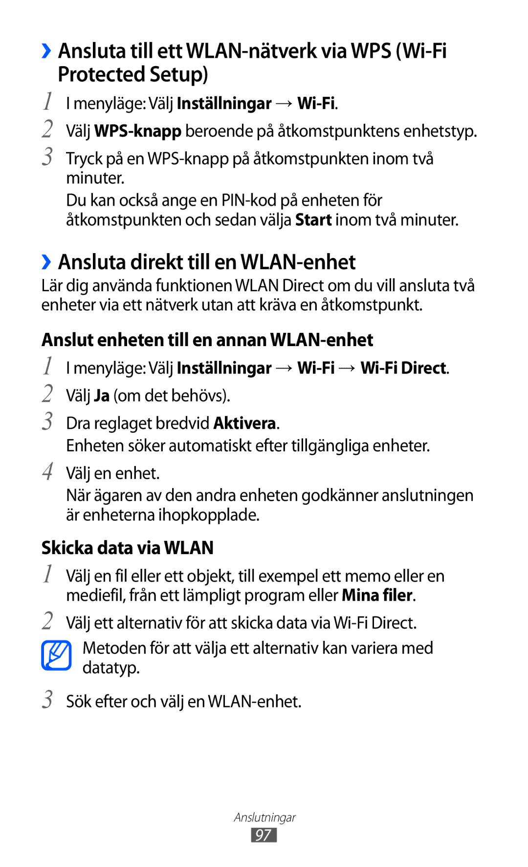 Samsung GT-S8600HKANEE manual Protected Setup, ››Ansluta direkt till en WLAN-enhet 