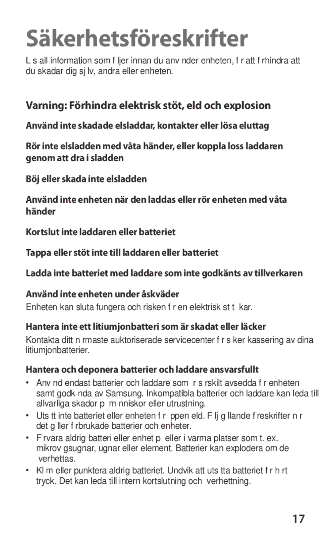 Samsung GT-S8600HKANEE manual Varning Förhindra elektrisk stöt, eld och explosion 