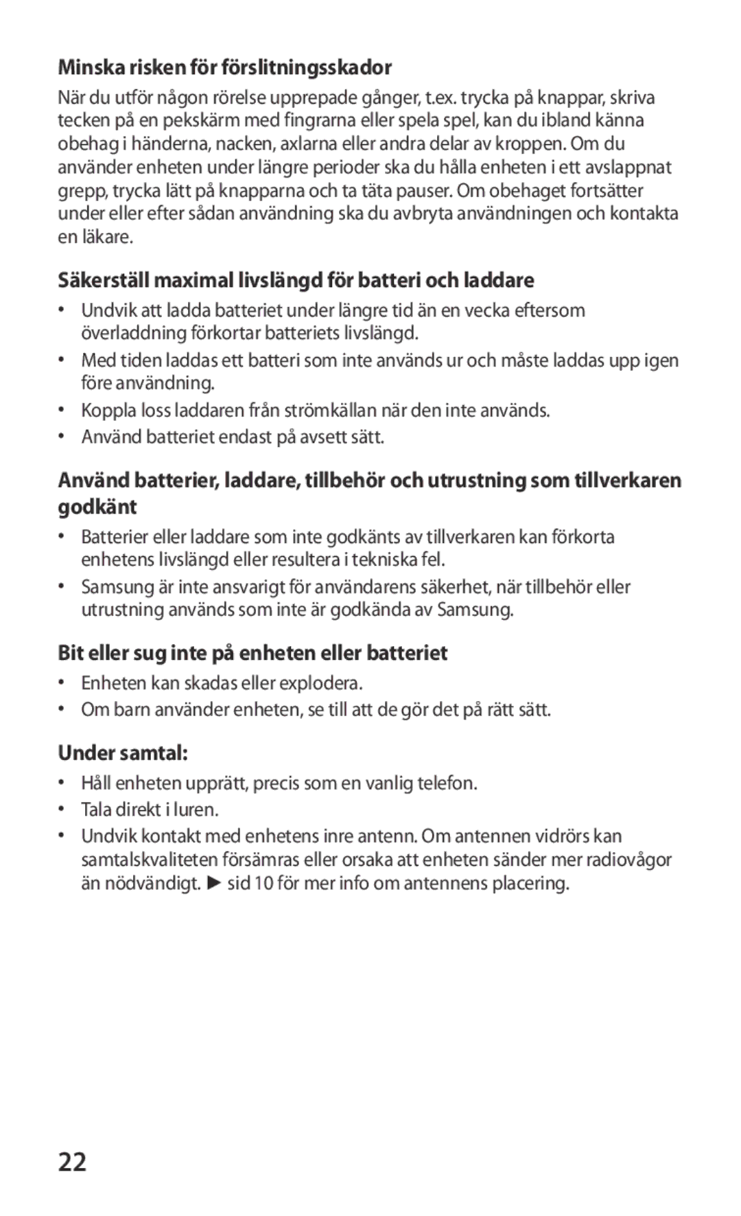 Samsung GT-S8600HKANEE manual Minska risken för förslitningsskador, Säkerställ maximal livslängd för batteri och laddare 