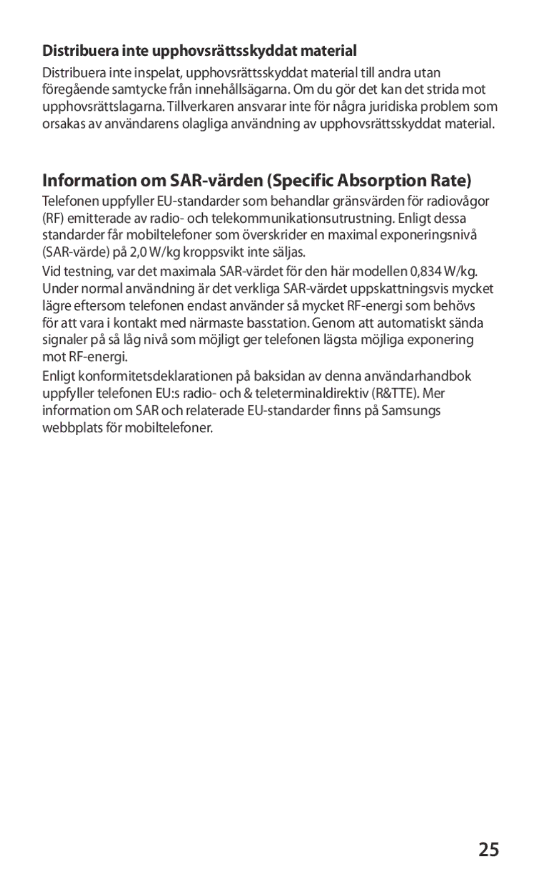 Samsung GT-S8600HKANEE Information om SAR-värden Specific Absorption Rate, Distribuera inte upphovsrättsskyddat material 