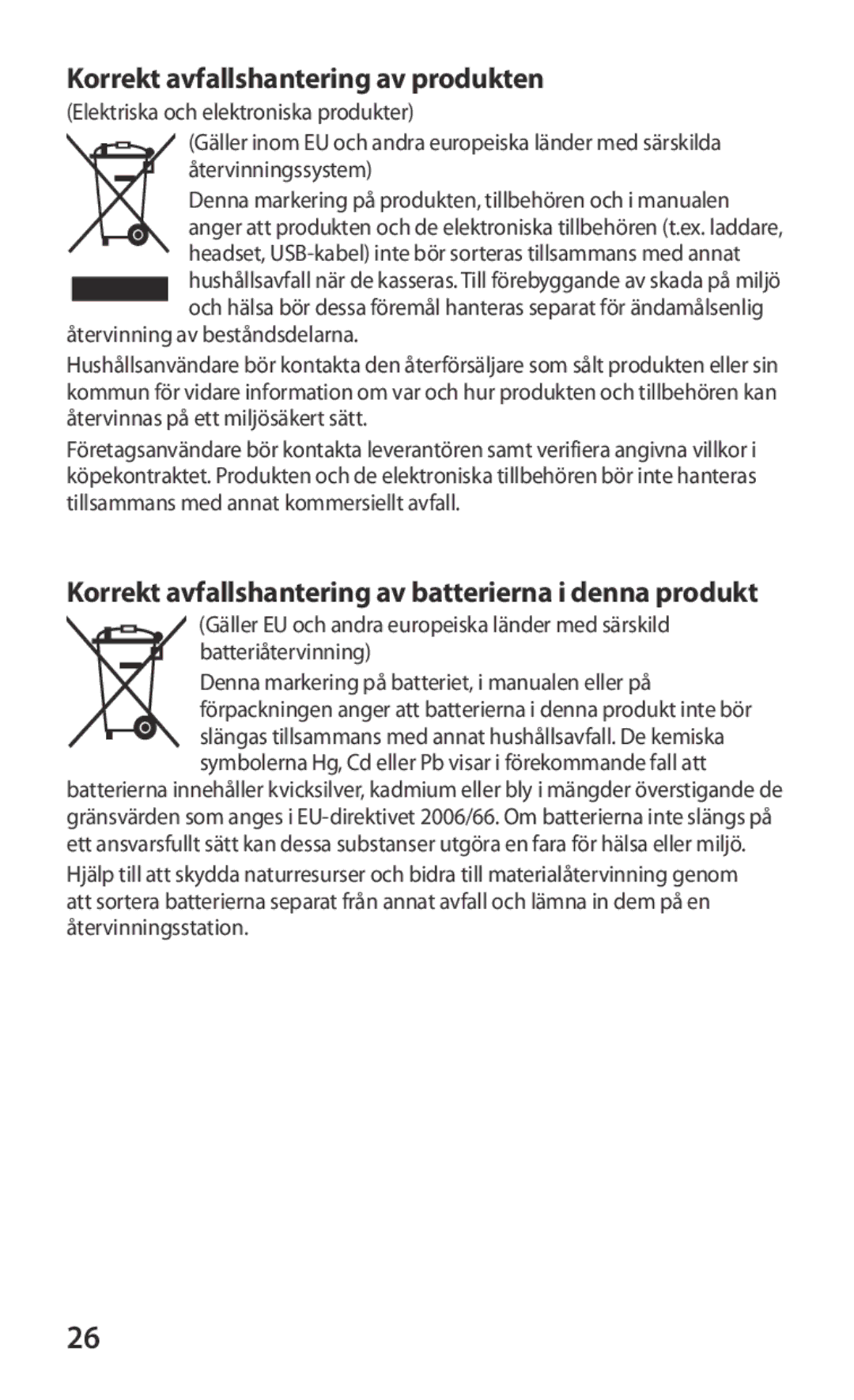 Samsung GT-S8600HKANEE Korrekt avfallshantering av produkten, Korrekt avfallshantering av batterierna i denna produkt 