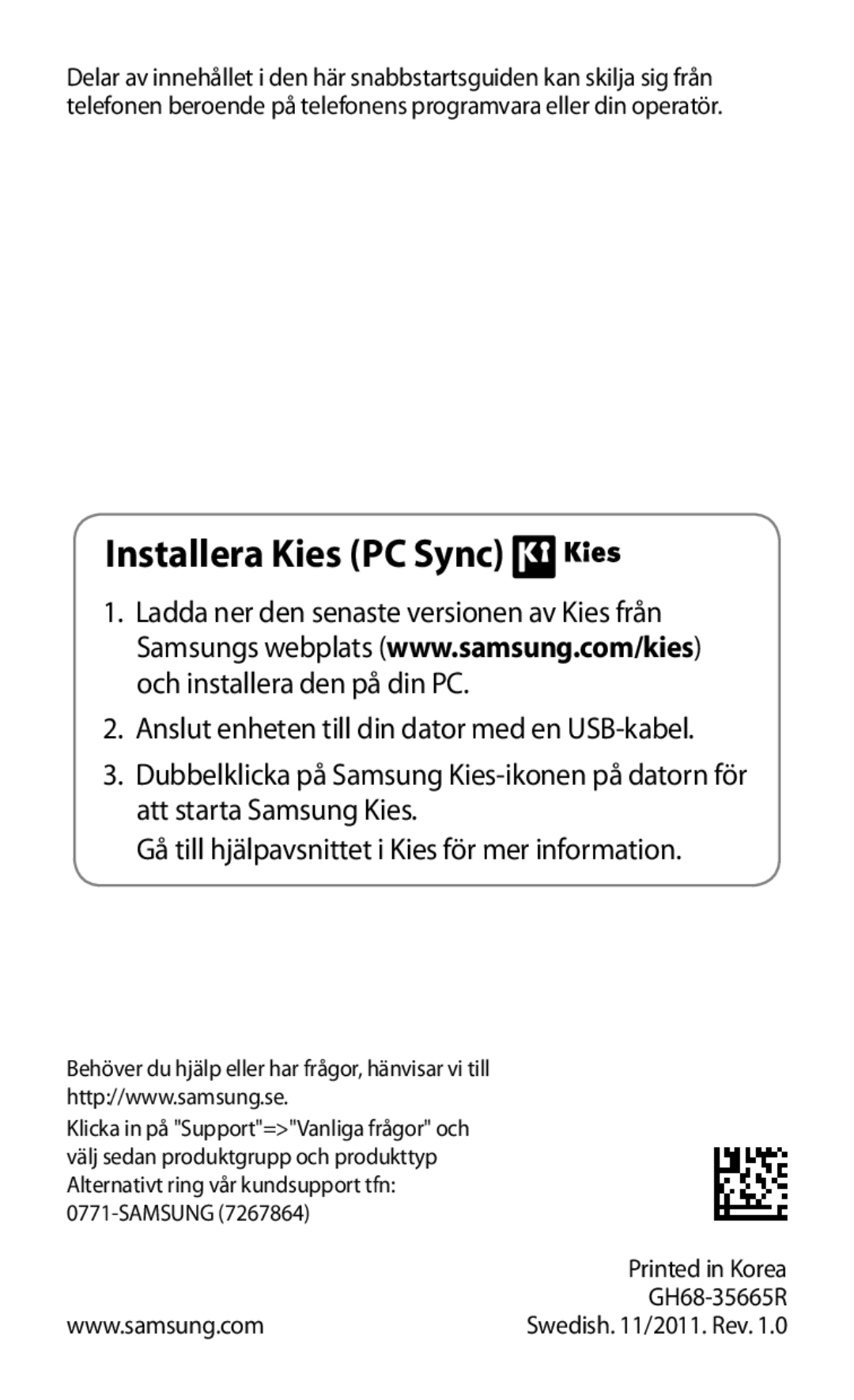 Samsung GT-S8600HKANEE manual Installera Kies PC Sync 