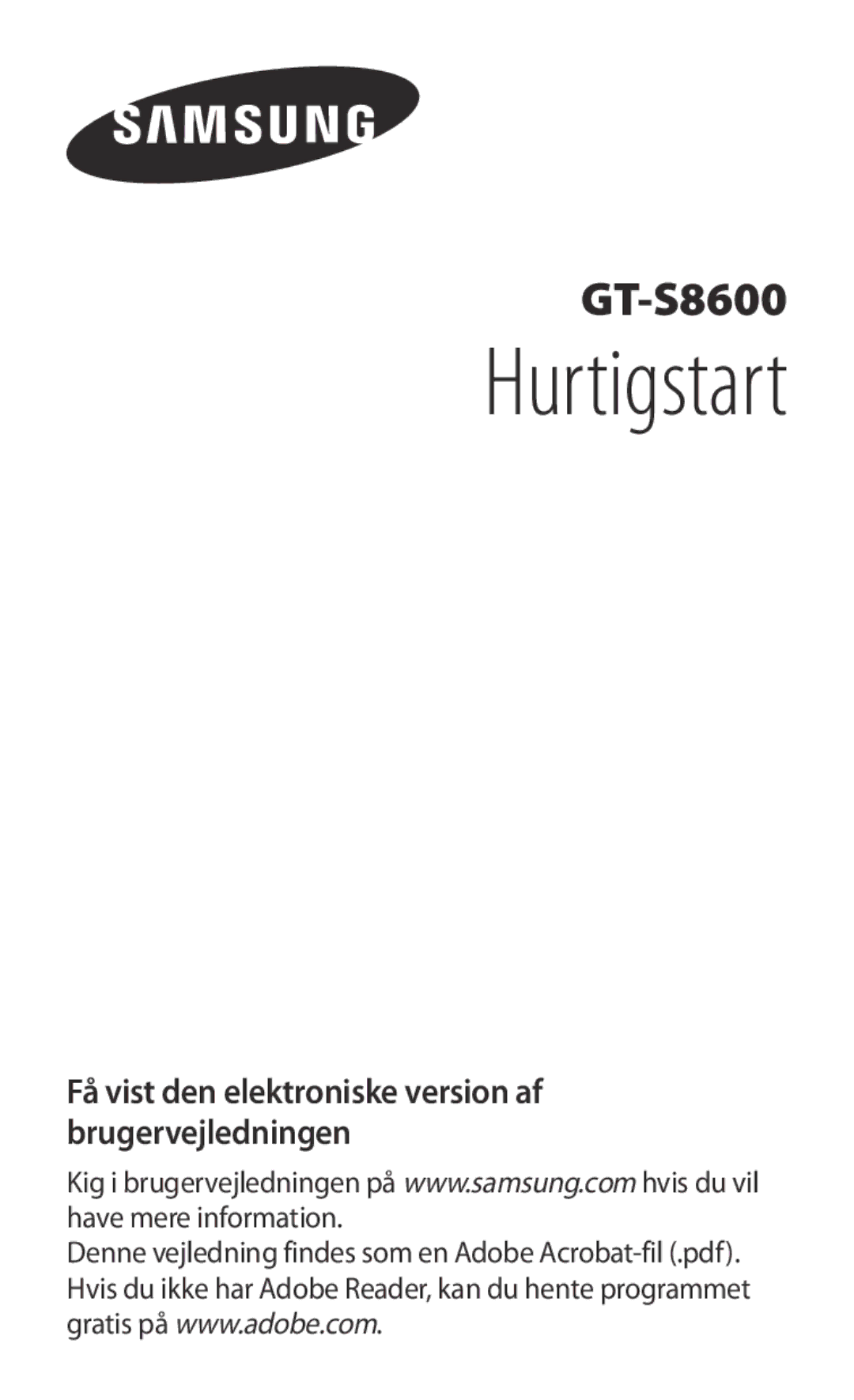 Samsung GT-S8600HKANEE manual Brugervejledning 