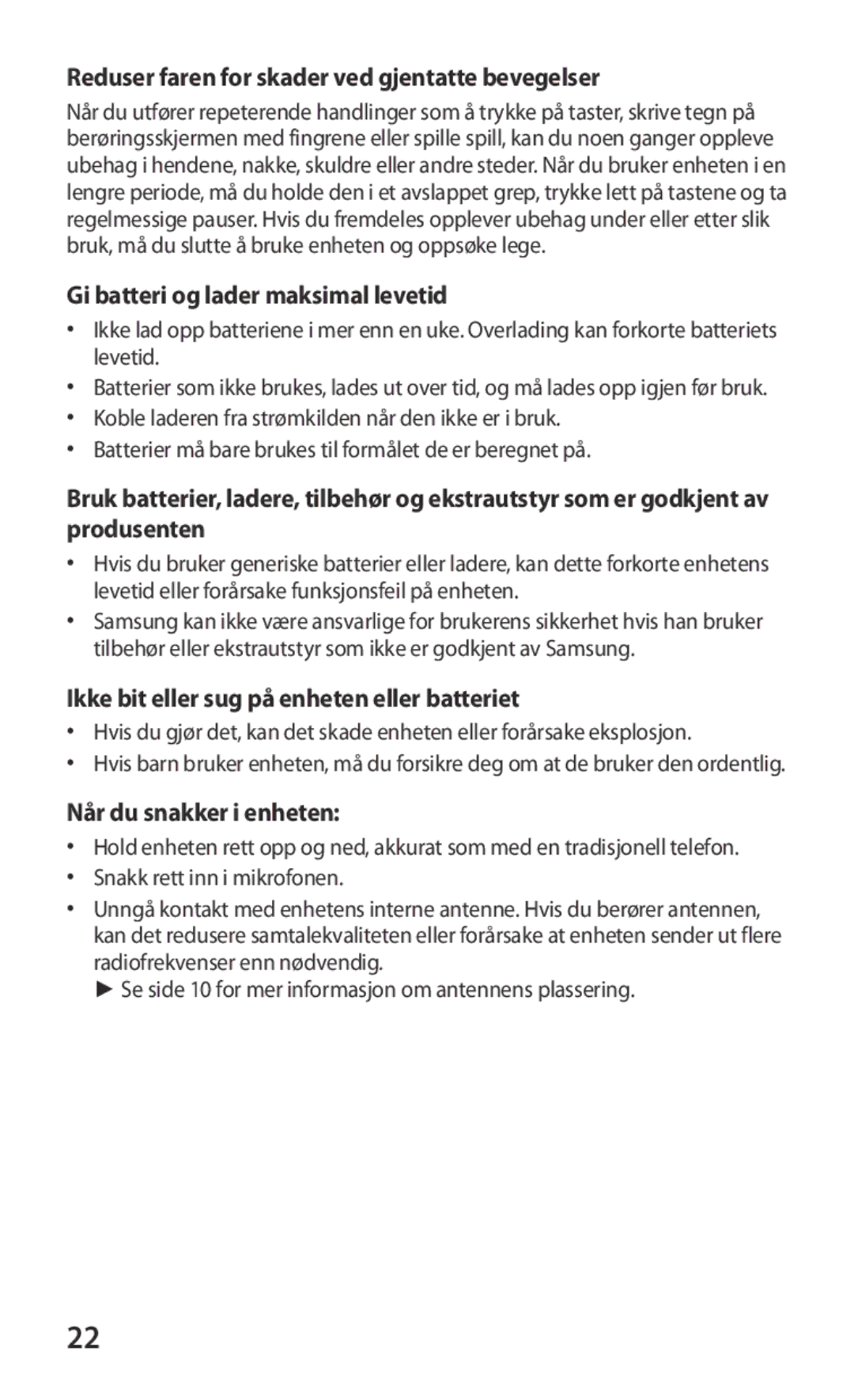 Samsung GT-S8600HKANEE manual Reduser faren for skader ved gjentatte bevegelser, Gi batteri og lader maksimal levetid 