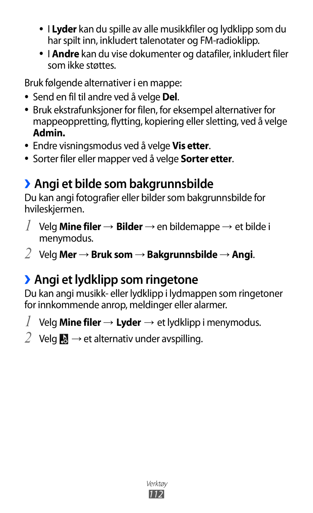 Samsung GT-S8600HKANEE manual ››Angi et bilde som bakgrunnsbilde, ››Angi et lydklipp som ringetone, Admin 