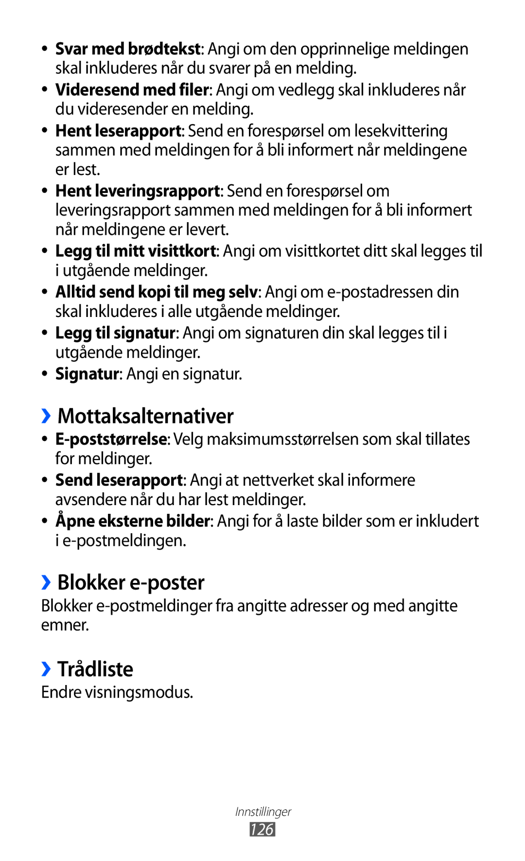 Samsung GT-S8600HKANEE manual ››Mottaksalternativer, ››Blokker e-poster, ››Trådliste, Endre visningsmodus, 126 