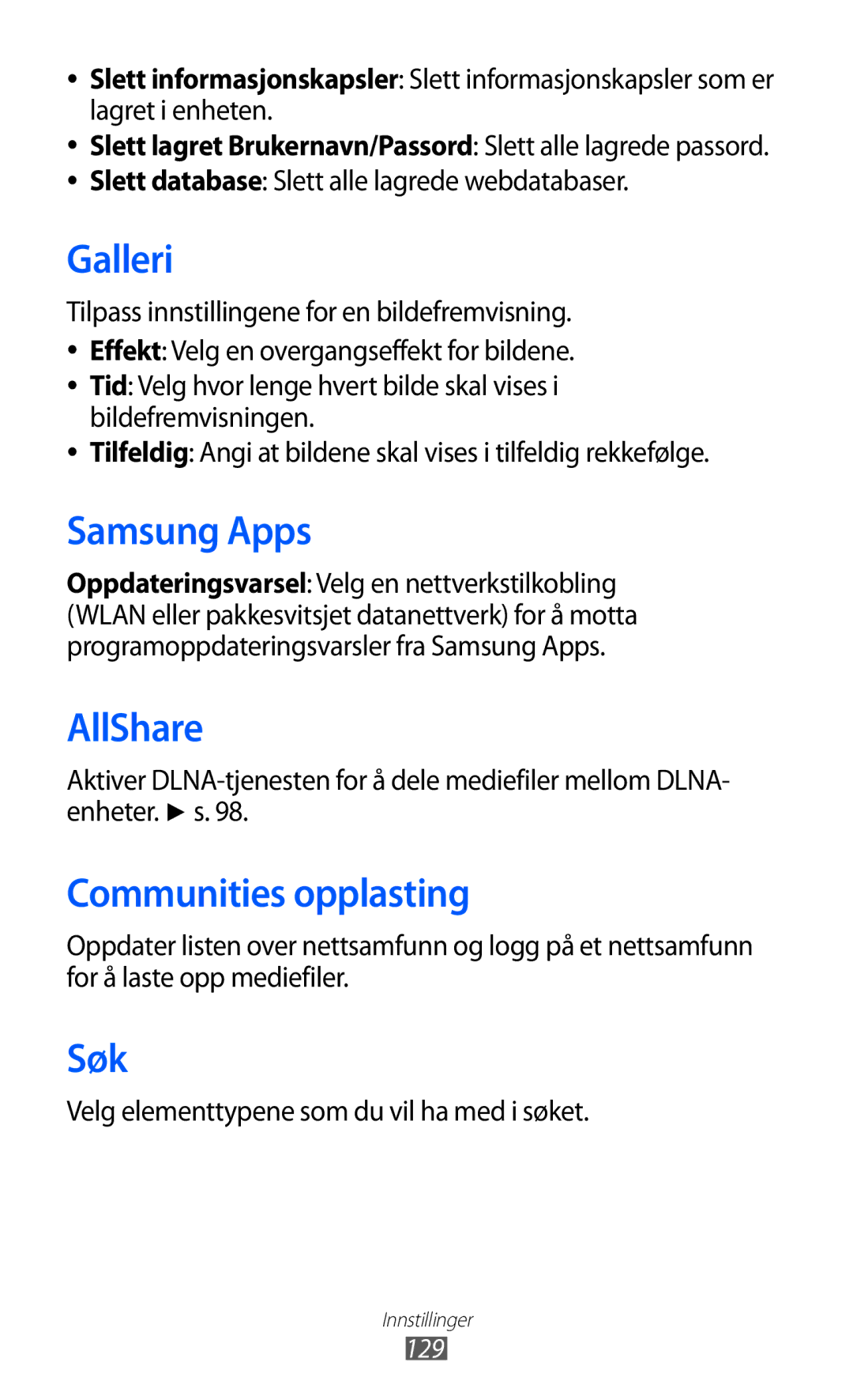 Samsung GT-S8600HKANEE manual Communities opplasting, Søk, Slett database Slett alle lagrede webdatabaser, 129 