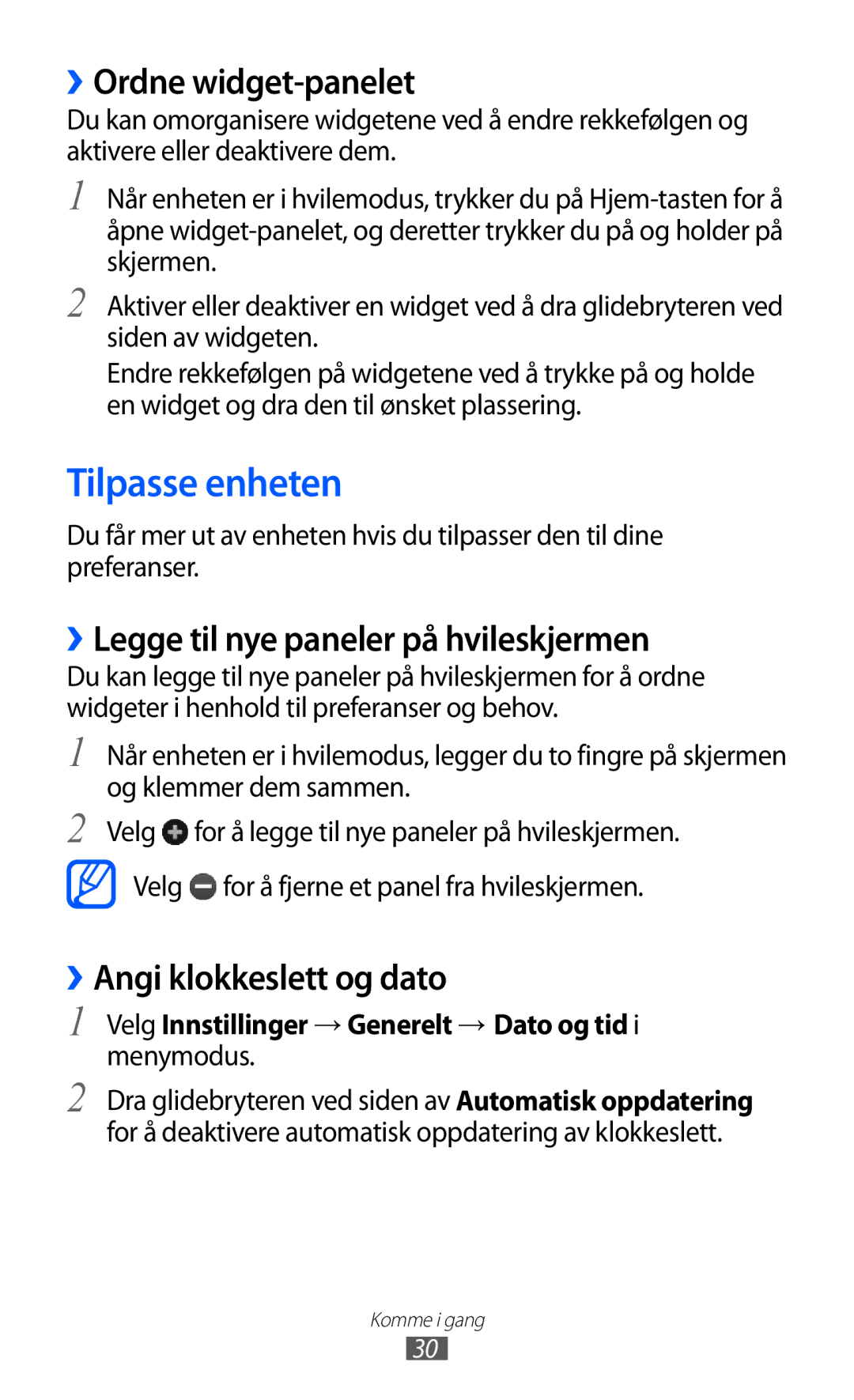 Samsung GT-S8600HKANEE manual Tilpasse enheten, ››Ordne widget-panelet, ››Legge til nye paneler på hvileskjermen 