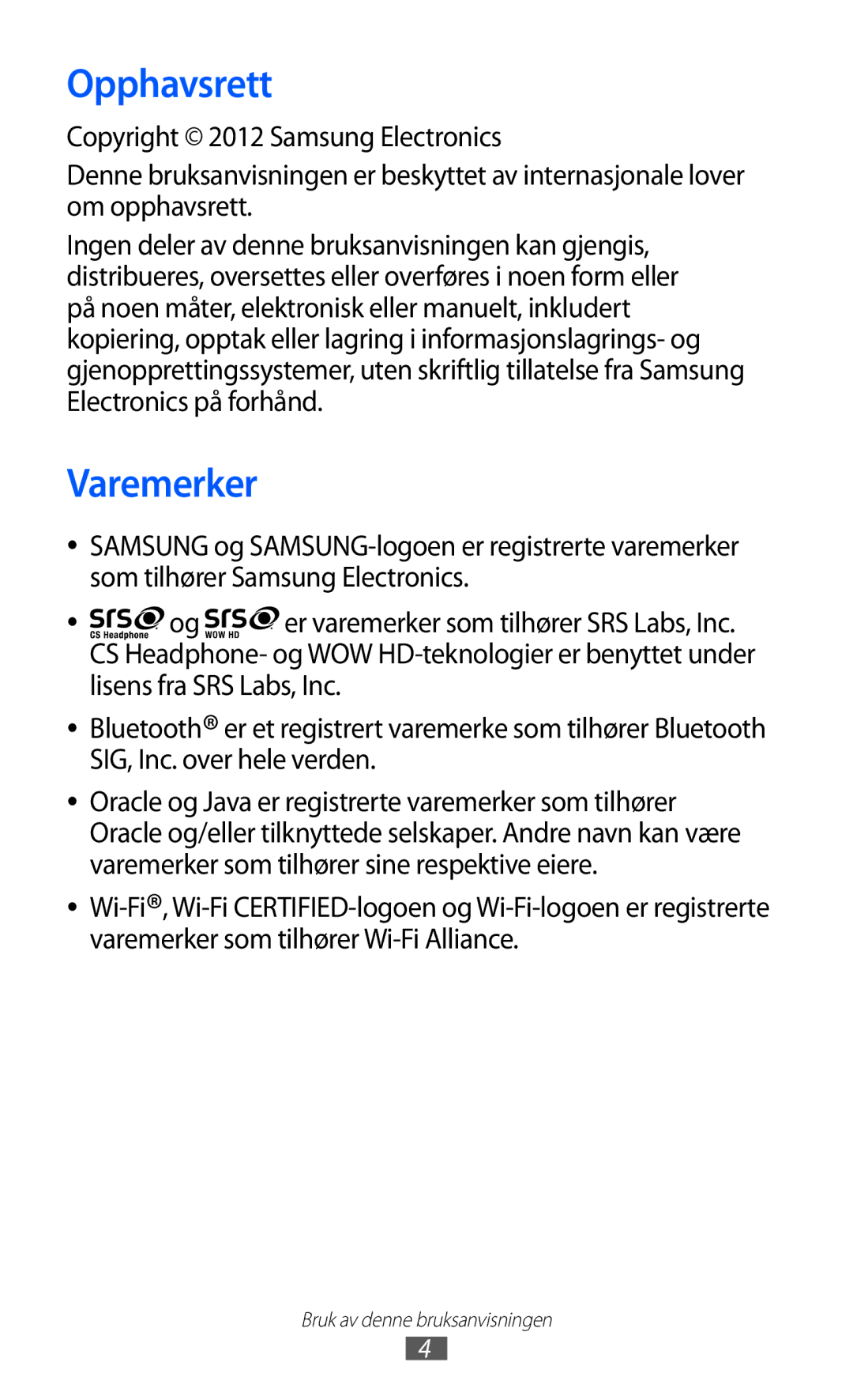 Samsung GT-S8600HKANEE manual Opphavsrett, Varemerker 