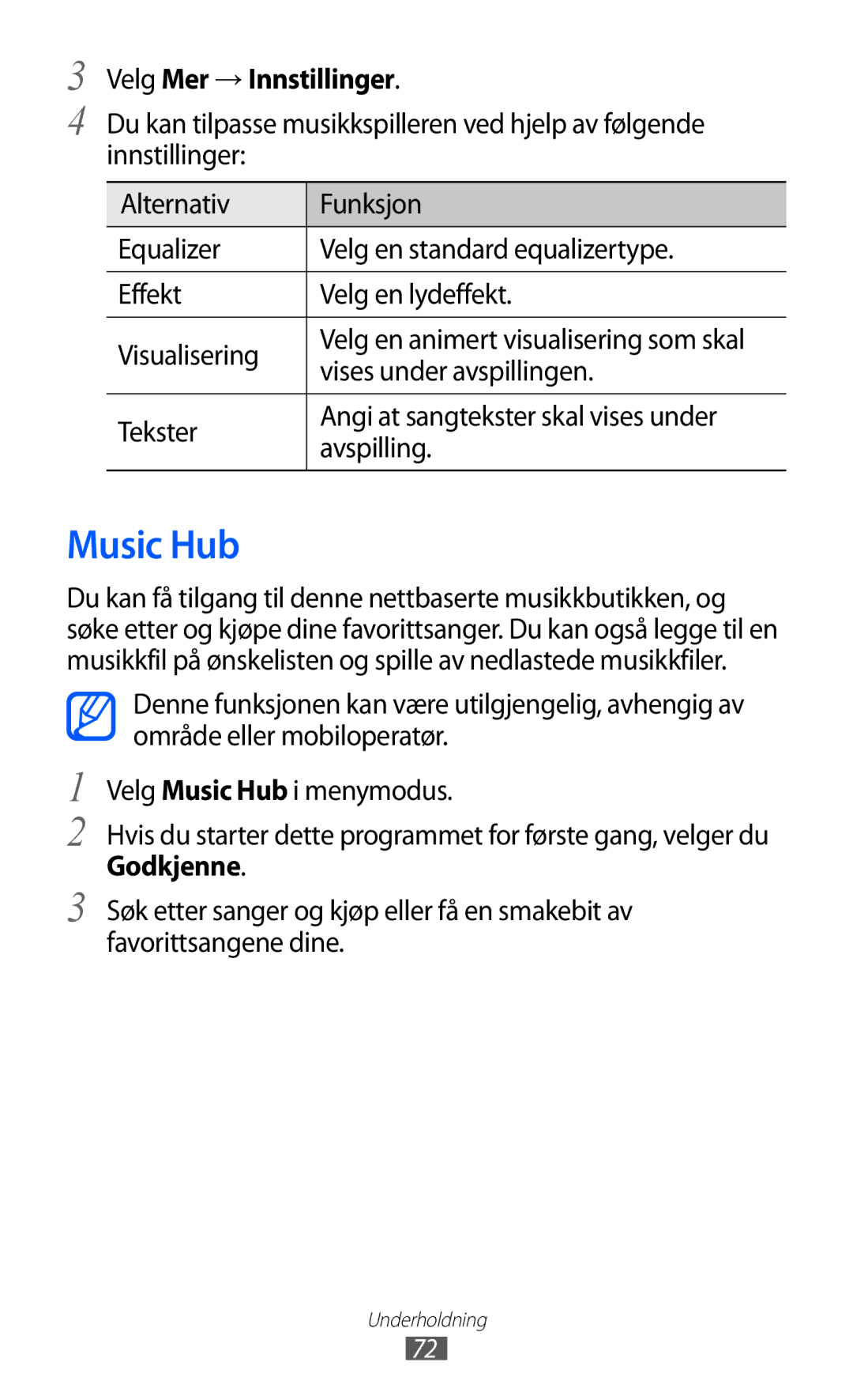 Samsung GT-S8600HKANEE manual Music Hub, Velg Mer → Innstillinger, Vises under avspillingen 