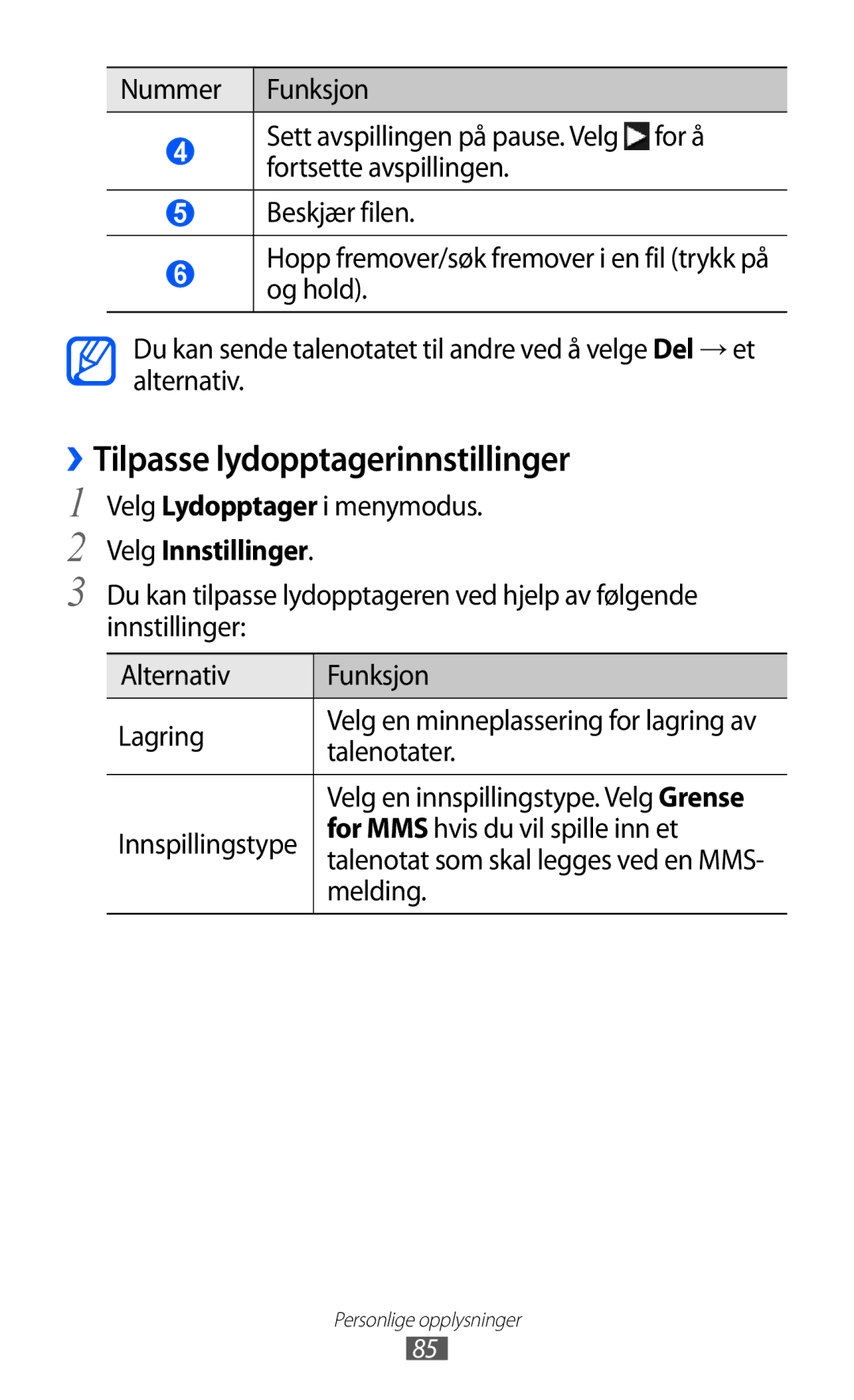 Samsung GT-S8600HKANEE manual ››Tilpasse lydopptagerinnstillinger, Velg Innstillinger, Talenotater, Melding 