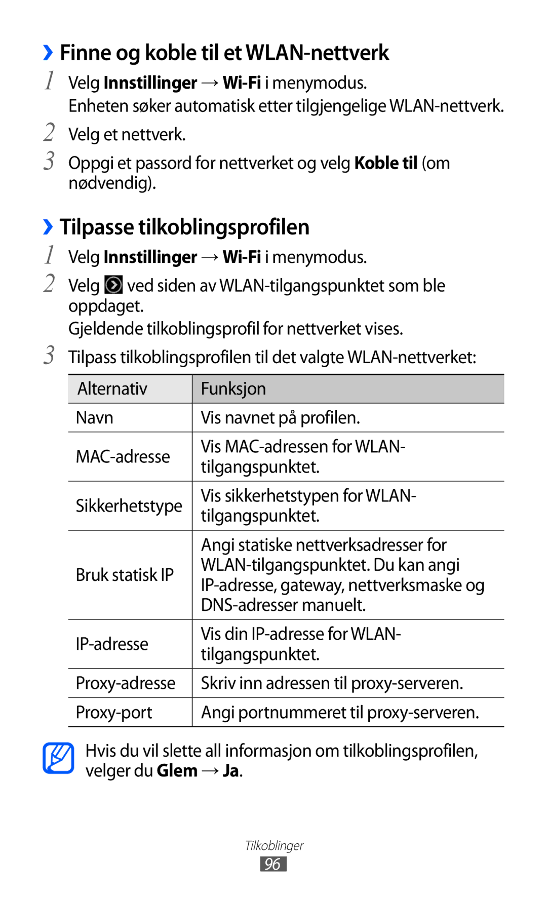 Samsung GT-S8600HKANEE manual ››Finne og koble til et WLAN-nettverk, ››Tilpasse tilkoblingsprofilen 