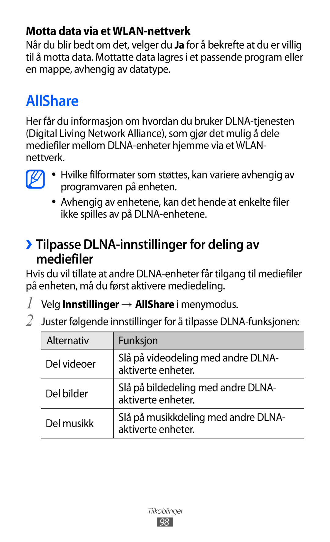 Samsung GT-S8600HKANEE manual AllShare, ››Tilpasse DLNA-innstillinger for deling av mediefiler 