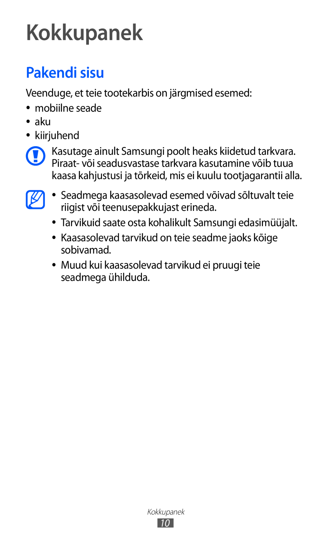 Samsung GT-S8600HKASEB manual Kokkupanek, Pakendi sisu 