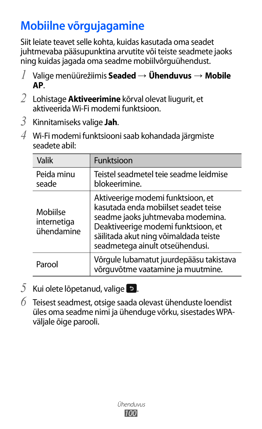 Samsung GT-S8600HKASEB manual Mobiilne võrgujagamine, Valige menüürežiimis Seaded → Ühenduvus → Mobile AP 