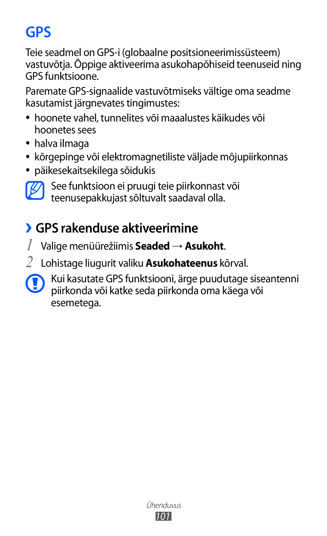 Samsung GT-S8600HKASEB manual Gps, ››GPS rakenduse aktiveerimine 