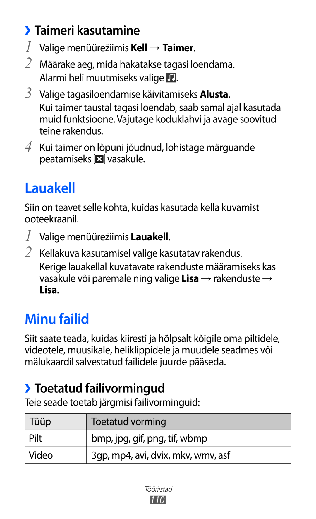 Samsung GT-S8600HKASEB manual Lauakell, Minu failid, ››Taimeri kasutamine, ››Toetatud failivormingud 