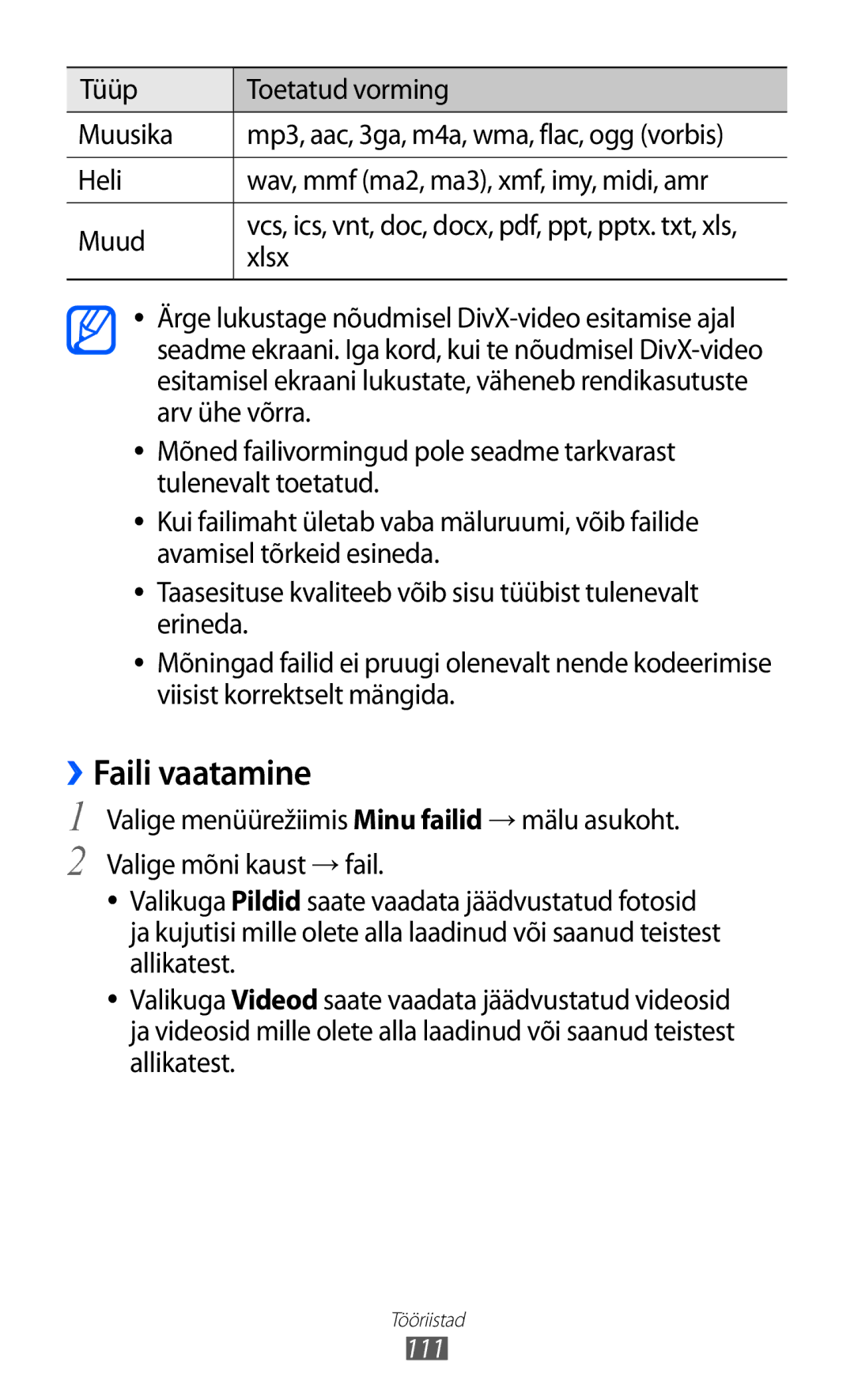 Samsung GT-S8600HKASEB manual ››Faili vaatamine, Tüüp Toetatud vorming Muusika 