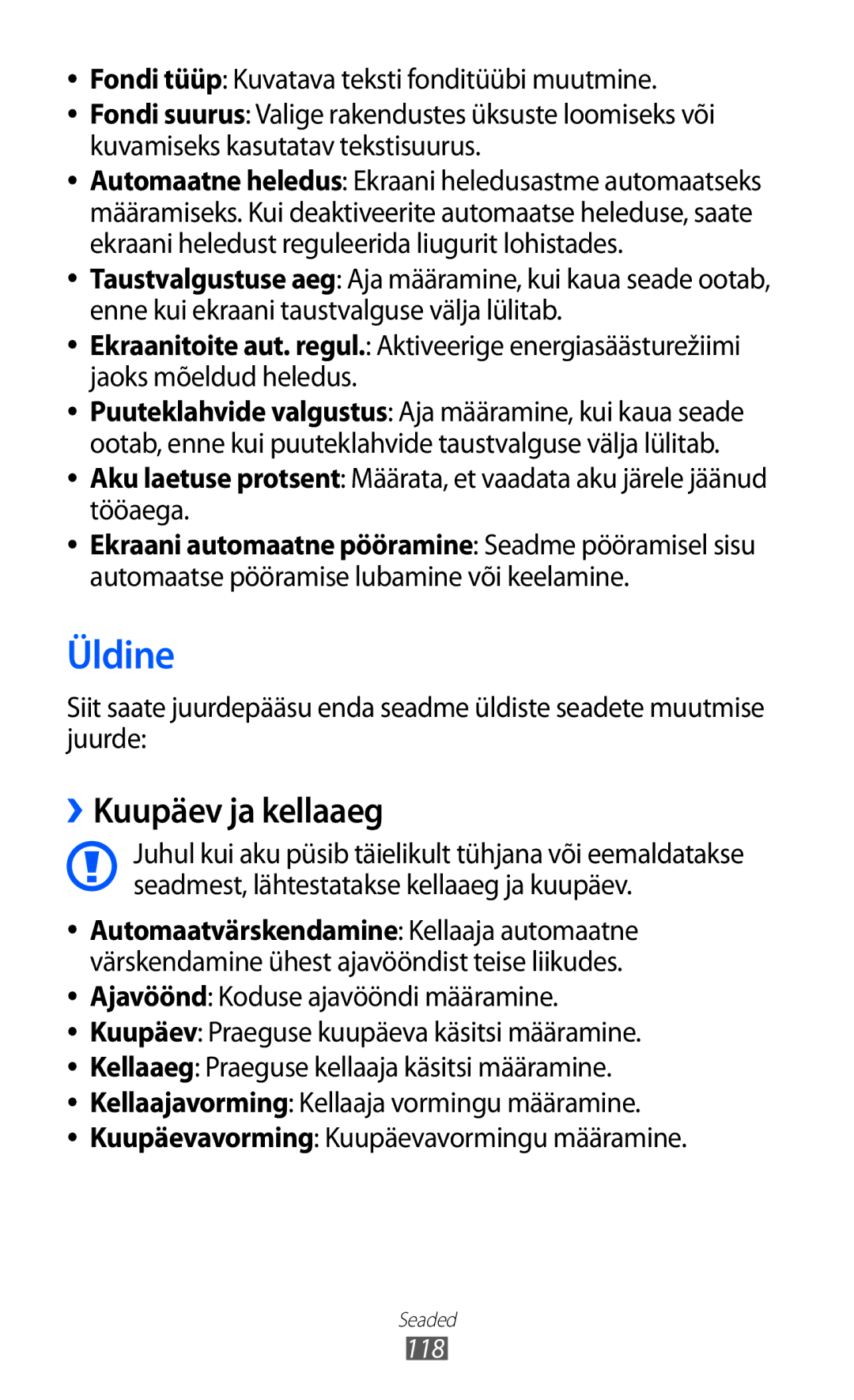 Samsung GT-S8600HKASEB manual Üldine, ››Kuupäev ja kellaaeg 