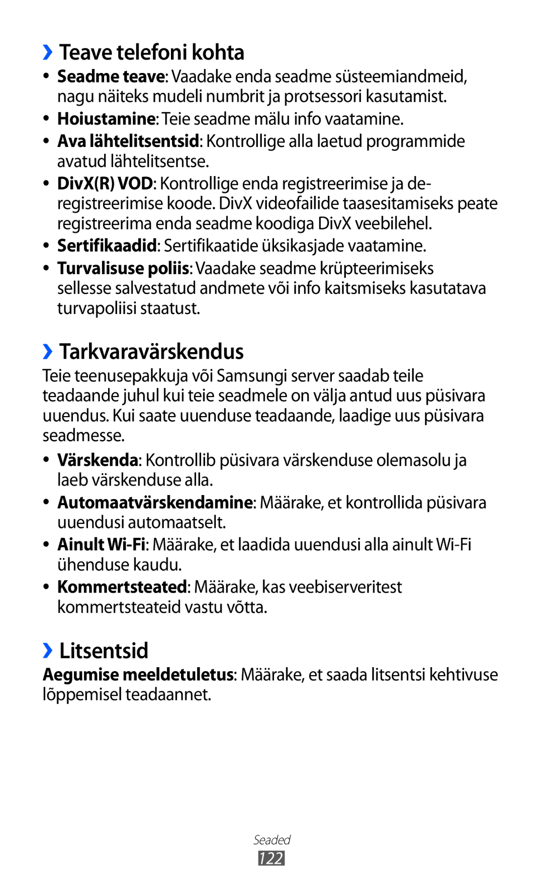 Samsung GT-S8600HKASEB manual ››Teave telefoni kohta, ››Tarkvaravärskendus, ››Litsentsid 