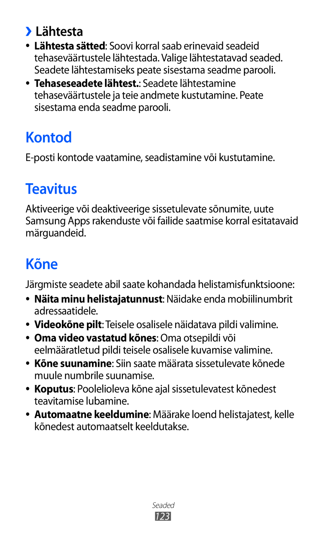 Samsung GT-S8600HKASEB manual Kontod, Teavitus, Kõne, ››Lähtesta, Posti kontode vaatamine, seadistamine või kustutamine 