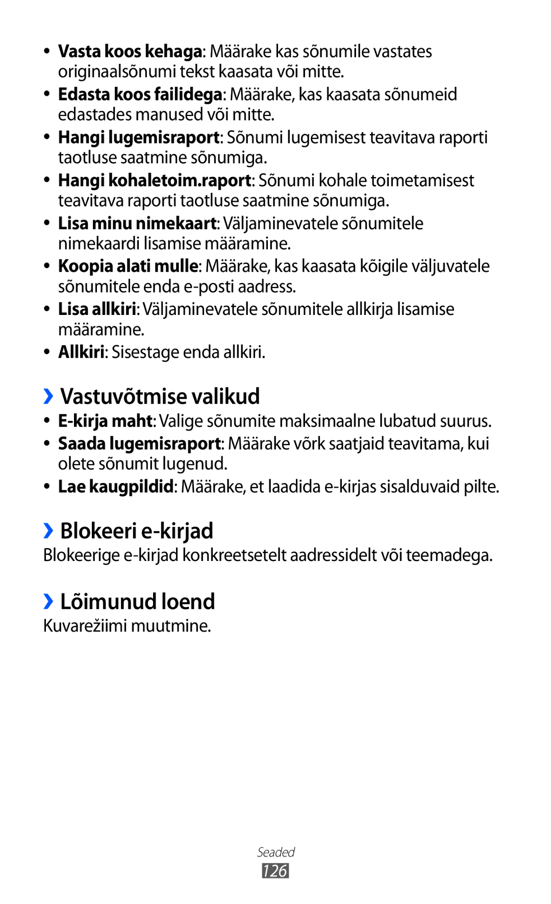 Samsung GT-S8600HKASEB manual ››Vastuvõtmise valikud, ››Blokeeri e-kirjad, ››Lõimunud loend, Kuvarežiimi muutmine 