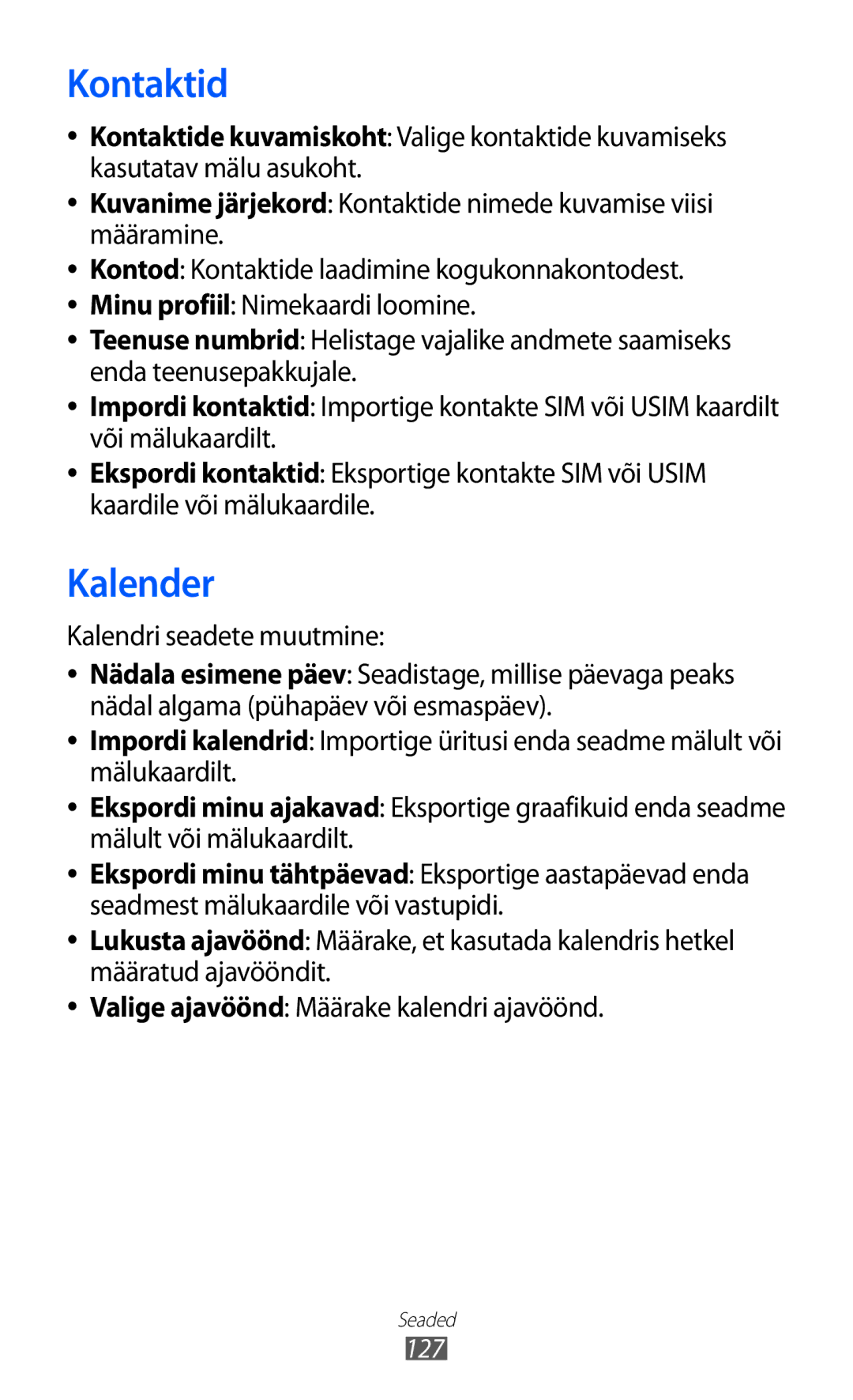 Samsung GT-S8600HKASEB manual Kontaktid, Kalendri seadete muutmine 