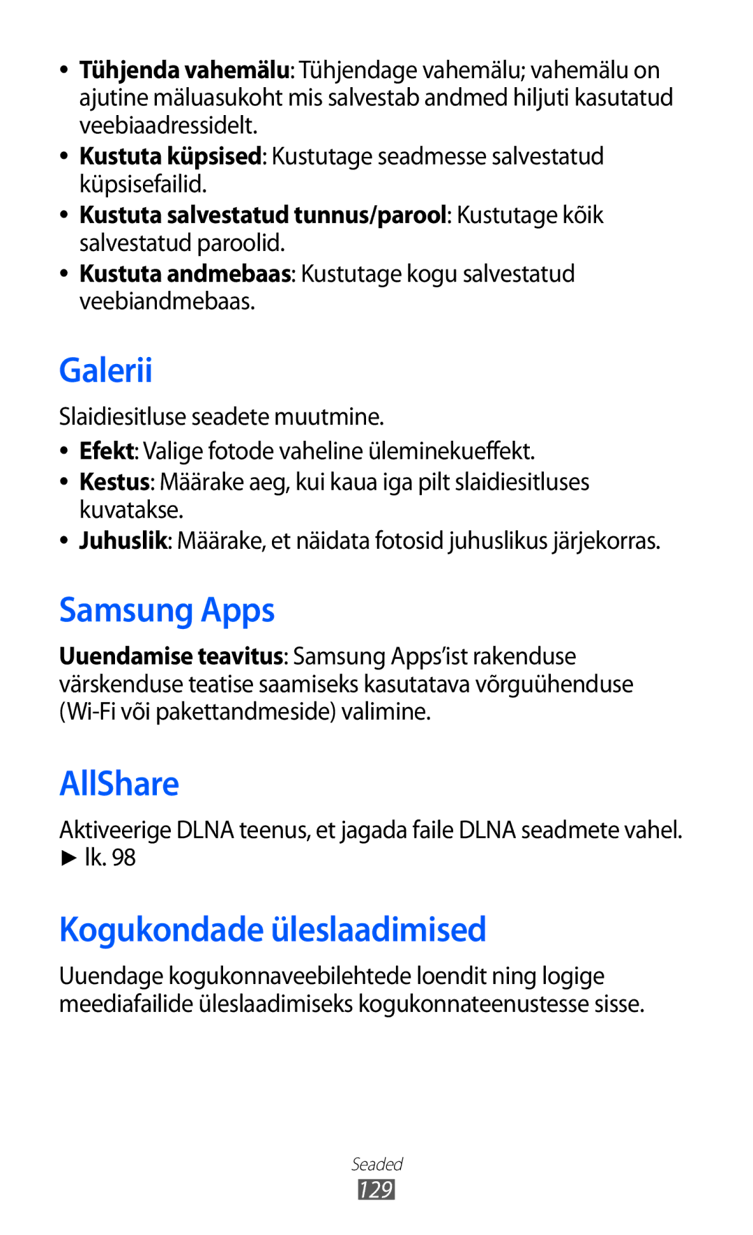 Samsung GT-S8600HKASEB Kogukondade üleslaadimised, Kustuta salvestatud tunnus/parool Kustutage kõik, Salvestatud paroolid 