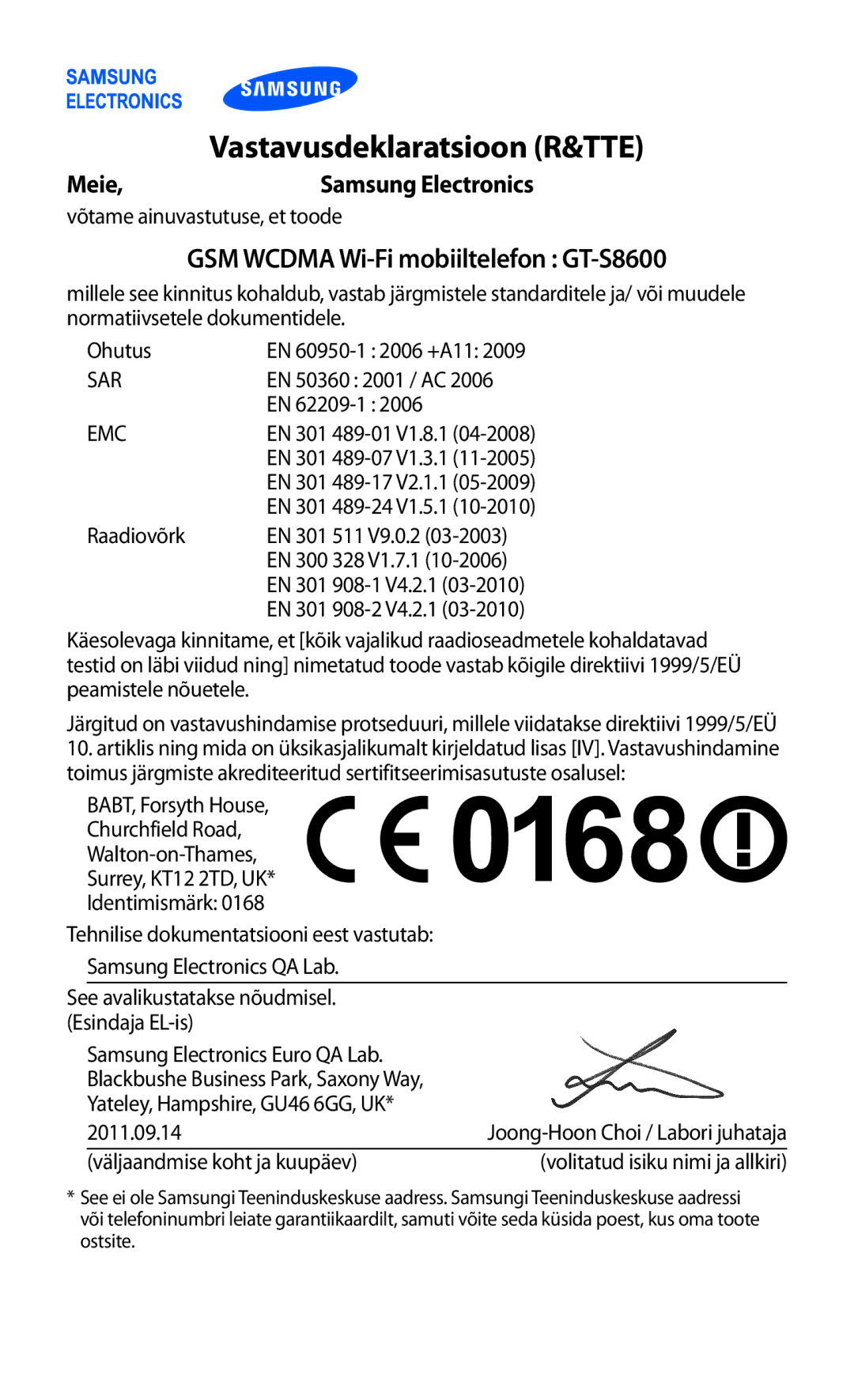 Samsung GT-S8600HKASEB manual Vastavusdeklaratsioon R&TTE 