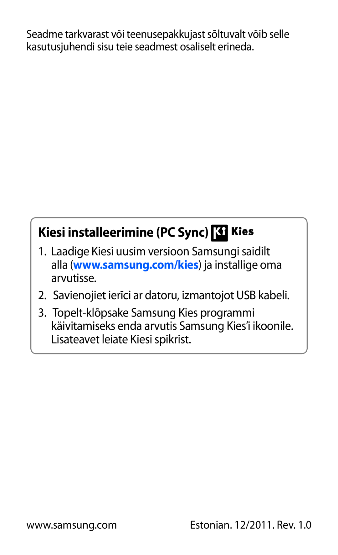 Samsung GT-S8600HKASEB manual Kiesi installeerimine PC Sync 