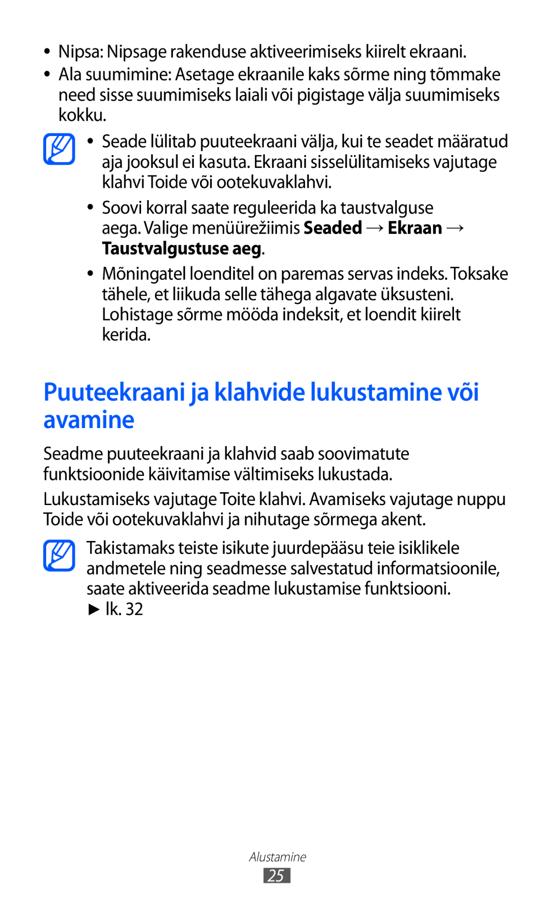 Samsung GT-S8600HKASEB manual Puuteekraani ja klahvide lukustamine või avamine 