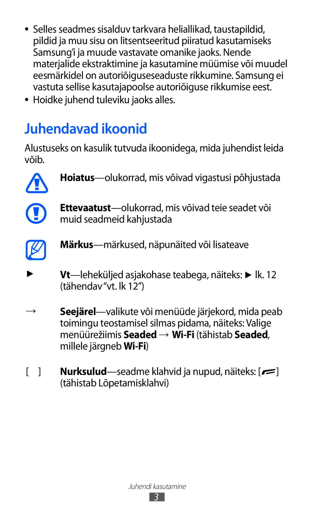 Samsung GT-S8600HKASEB manual Juhendavad ikoonid, Hoidke juhend tuleviku jaoks alles, Tähistab Lõpetamisklahvi 