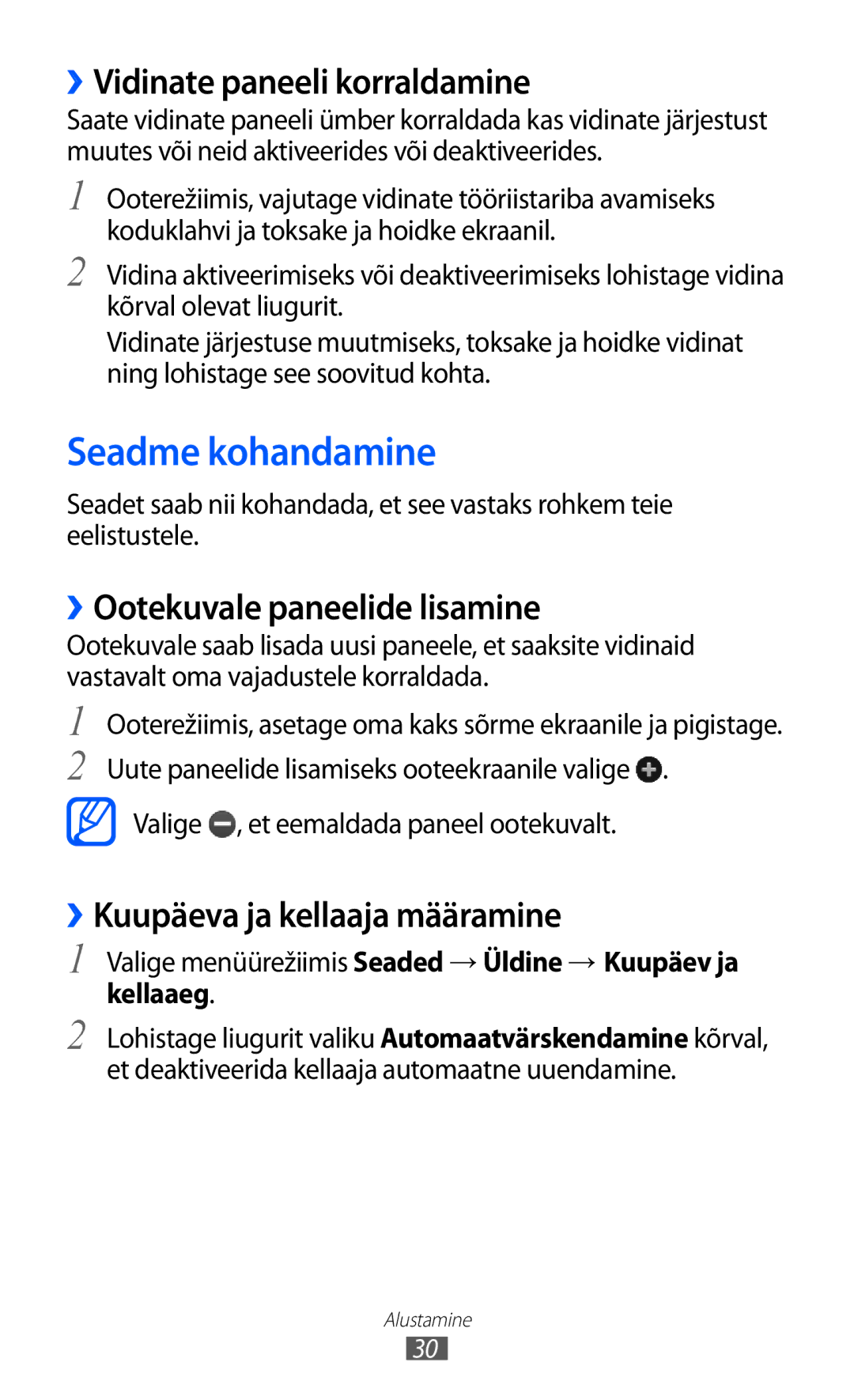 Samsung GT-S8600HKASEB manual Seadme kohandamine, ››Vidinate paneeli korraldamine, ››Ootekuvale paneelide lisamine 