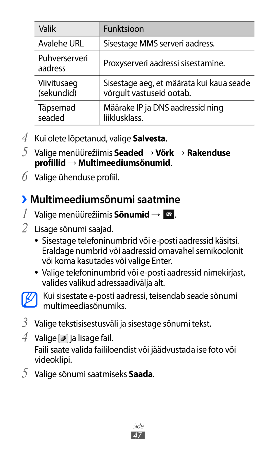 Samsung GT-S8600HKASEB manual ››Multimeediumsõnumi saatmine, Profiilid → Multimeediumsõnumid, Valige ühenduse profiil 