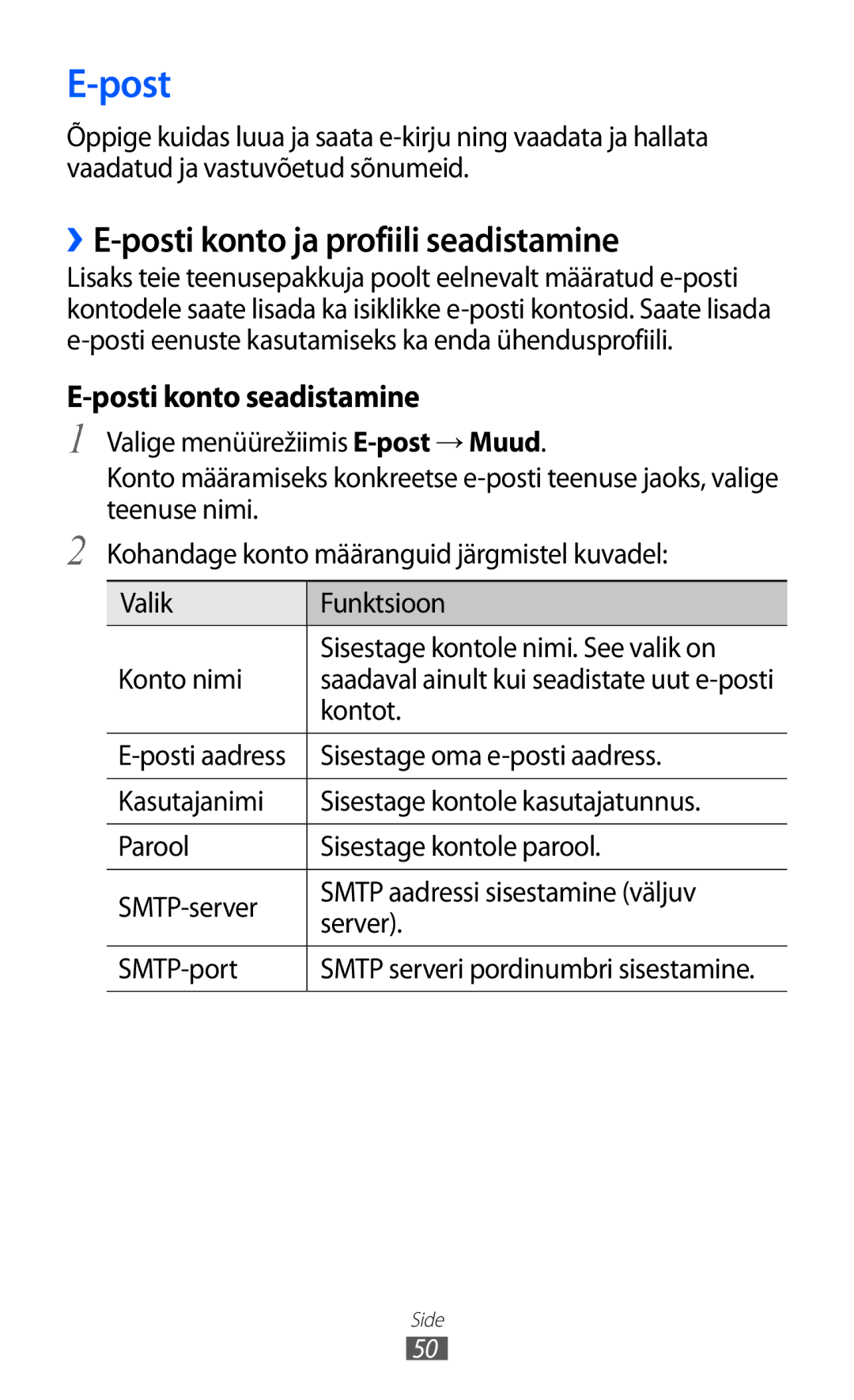 Samsung GT-S8600HKASEB manual ››E-posti konto ja profiili seadistamine, Posti konto seadistamine, Kontot 