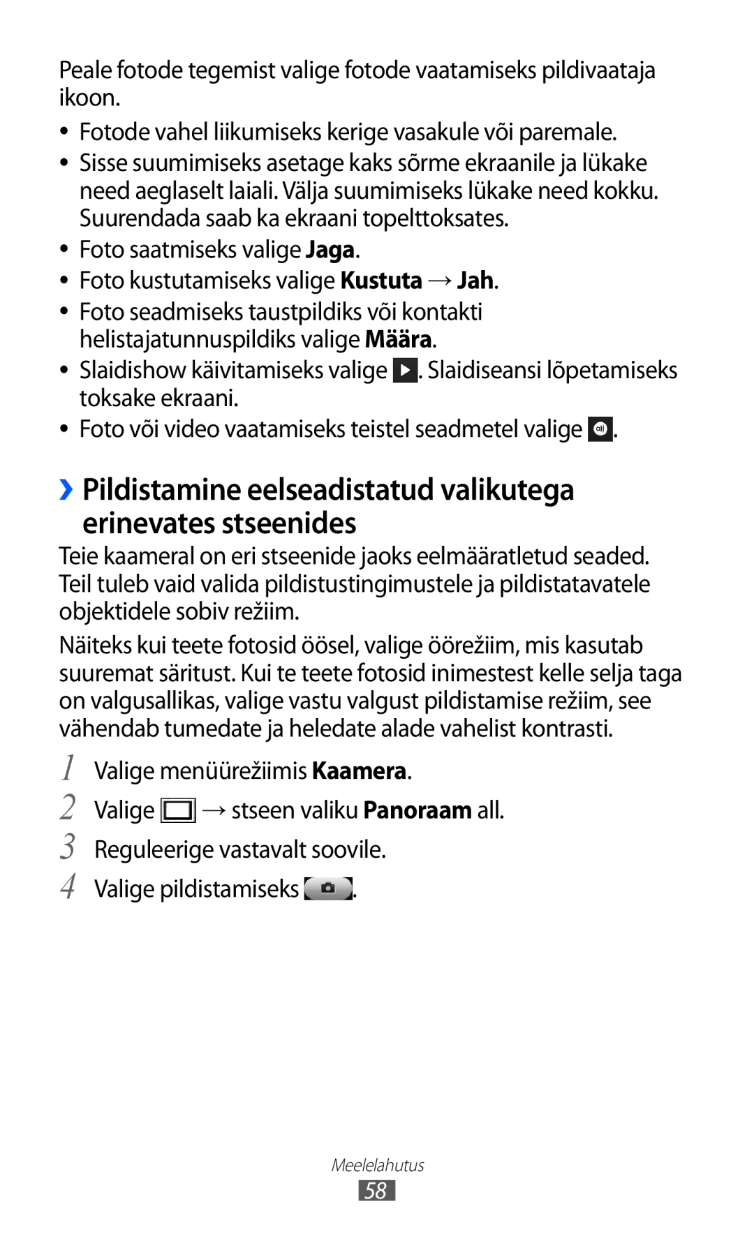 Samsung GT-S8600HKASEB manual Valige menüürežiimis Kaamera 
