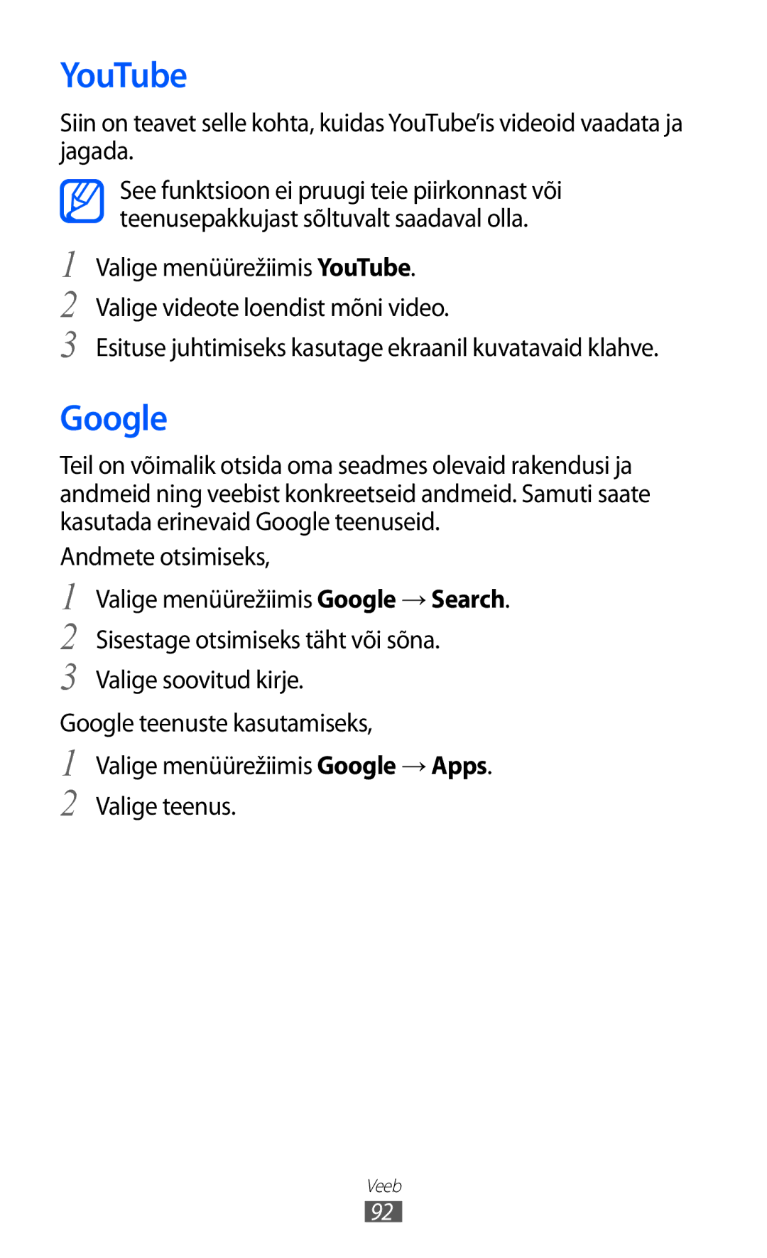 Samsung GT-S8600HKASEB manual YouTube, Google, Esituse juhtimiseks kasutage ekraanil kuvatavaid klahve 