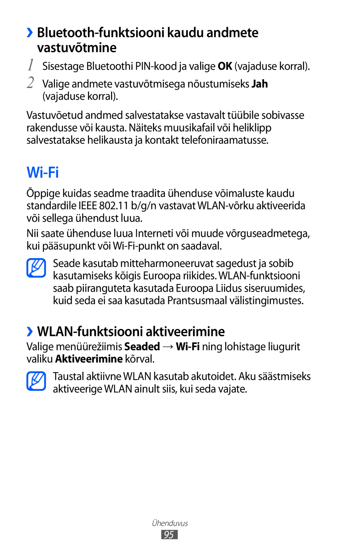 Samsung GT-S8600HKASEB manual Wi-Fi, ››Bluetooth-funktsiooni kaudu andmete vastuvõtmine, ››WLAN-funktsiooni aktiveerimine 