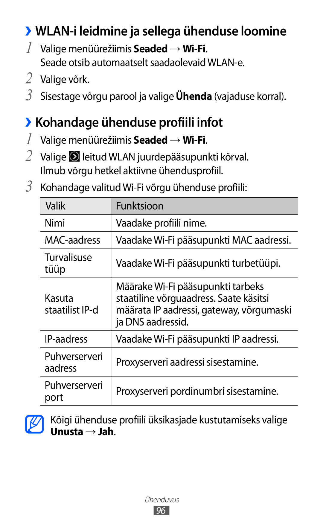 Samsung GT-S8600HKASEB manual ››Kohandage ühenduse profiili infot, Unusta → Jah 