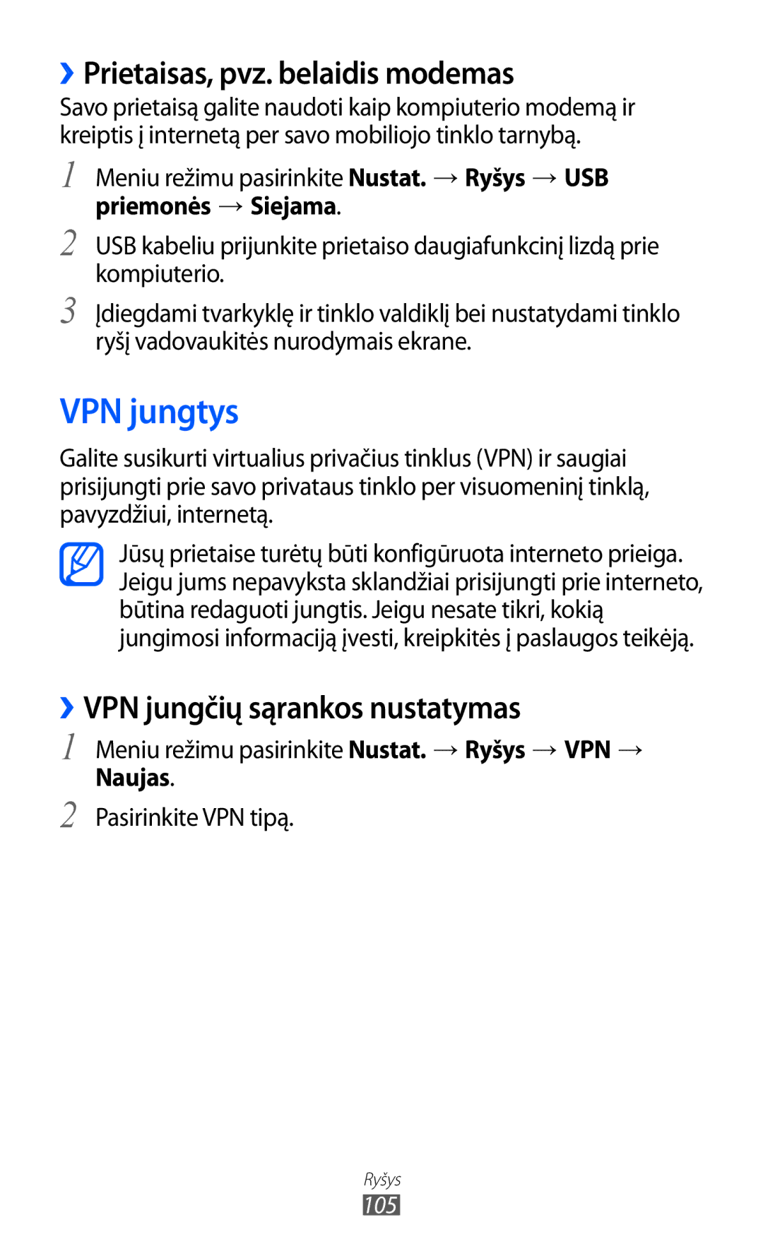 Samsung GT-S8600HKASEB manual VPN jungtys, ››Prietaisas, pvz. belaidis modemas, ››VPN jungčių sąrankos nustatymas, Naujas 