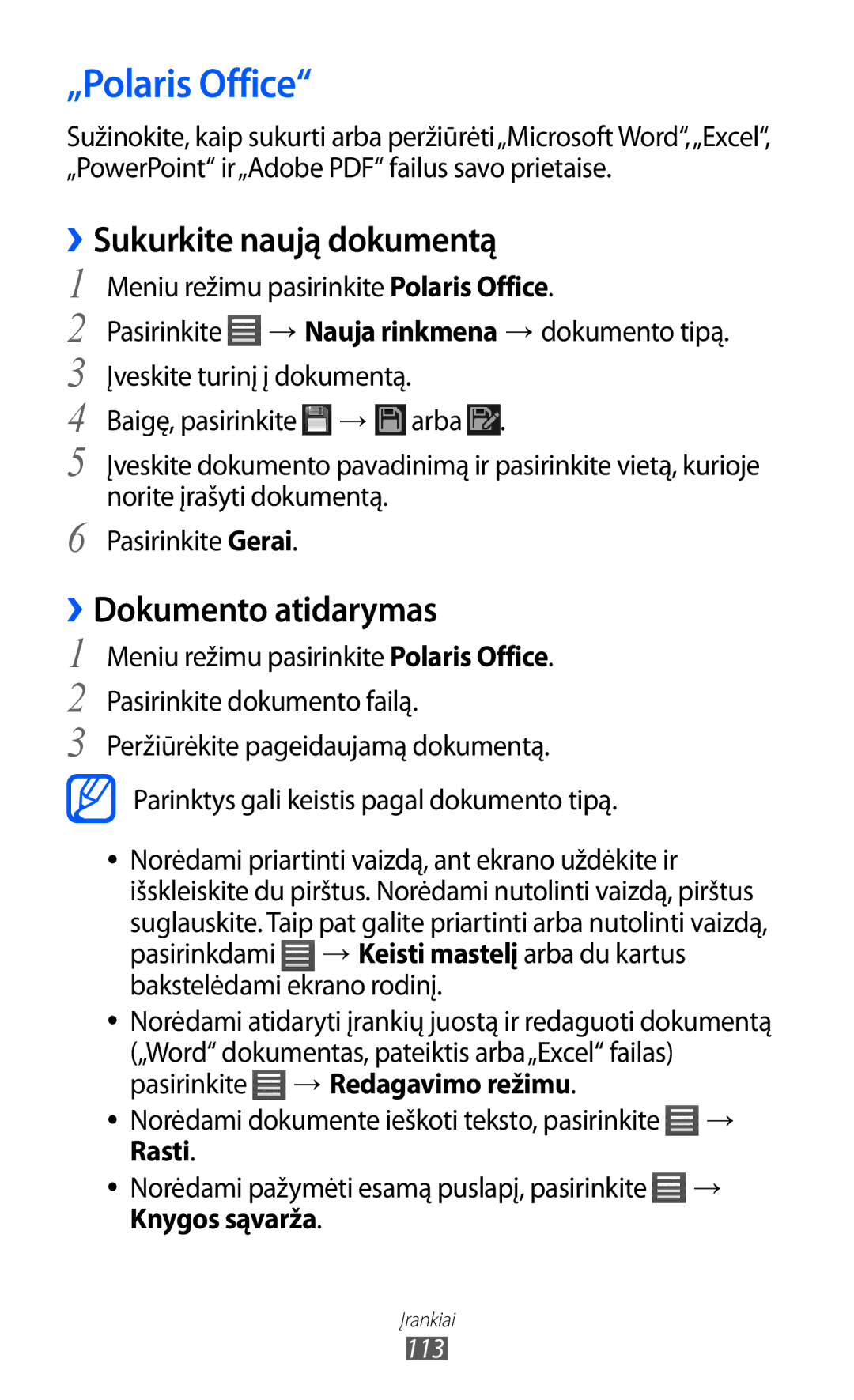 Samsung GT-S8600HKASEB manual „Polaris Office, Sukurkite naują dokumentą, Dokumento atidarymas 