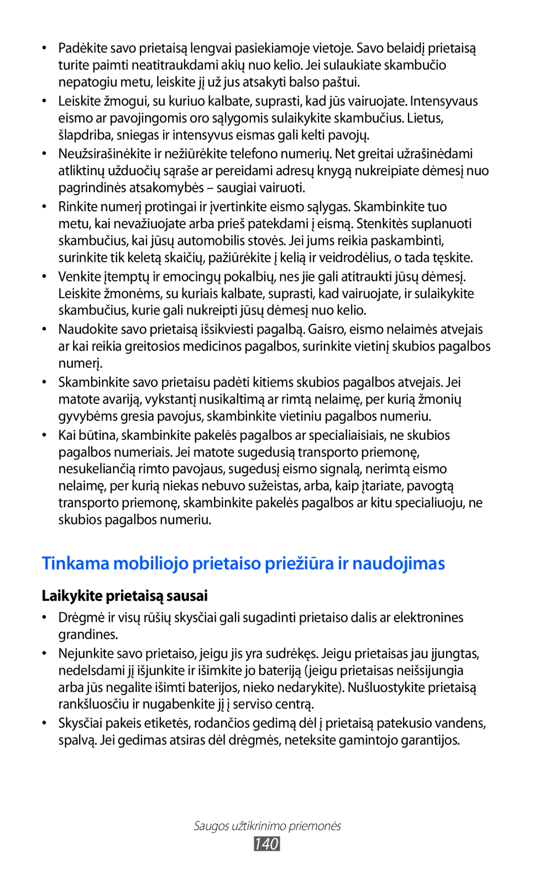 Samsung GT-S8600HKASEB manual Tinkama mobiliojo prietaiso priežiūra ir naudojimas 