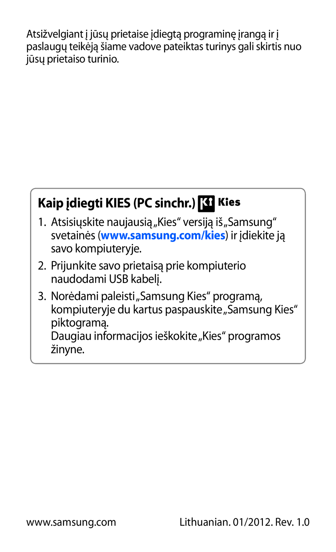 Samsung GT-S8600HKASEB manual Kaip įdiegti Kies PC sinchr 