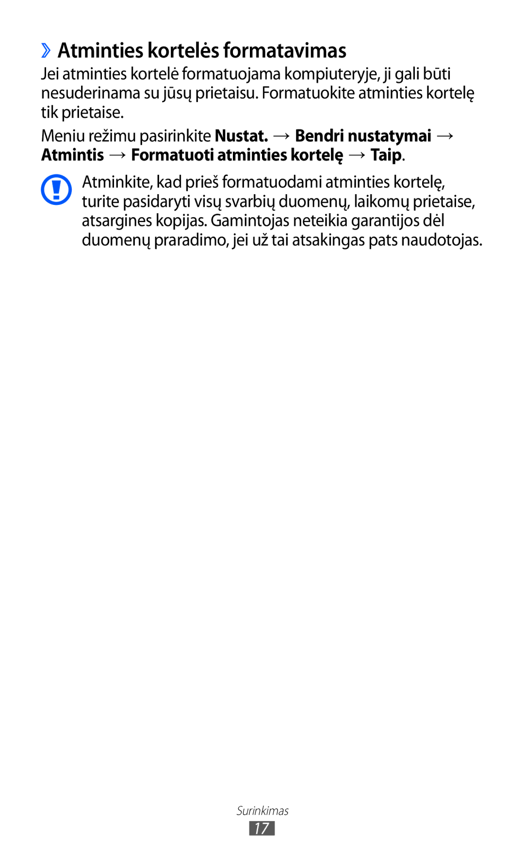 Samsung GT-S8600HKASEB manual ››Atminties kortelės formatavimas 