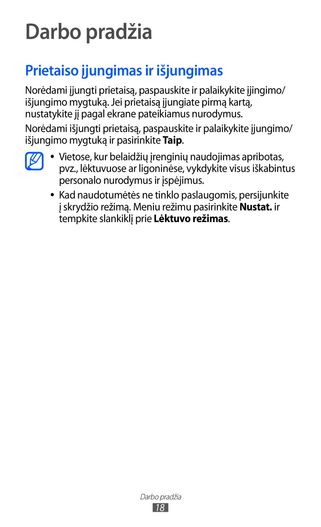 Samsung GT-S8600HKASEB manual Darbo pradžia, Prietaiso įjungimas ir išjungimas 