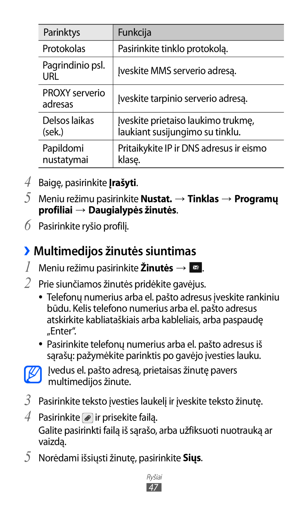 Samsung GT-S8600HKASEB manual ››Multimedijos žinutės siuntimas, Parinktys Funkcija Protokolas Pasirinkite tinklo protokolą 