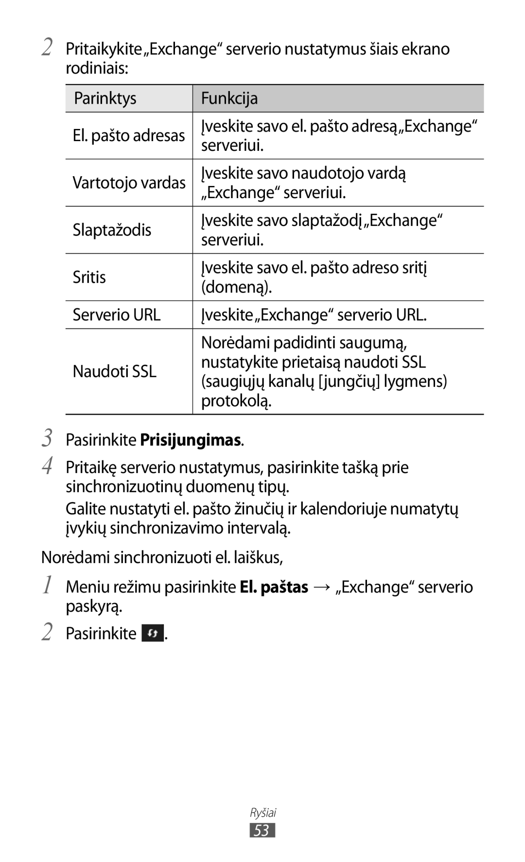 Samsung GT-S8600HKASEB manual Serveriui, „Exchange serveriui 